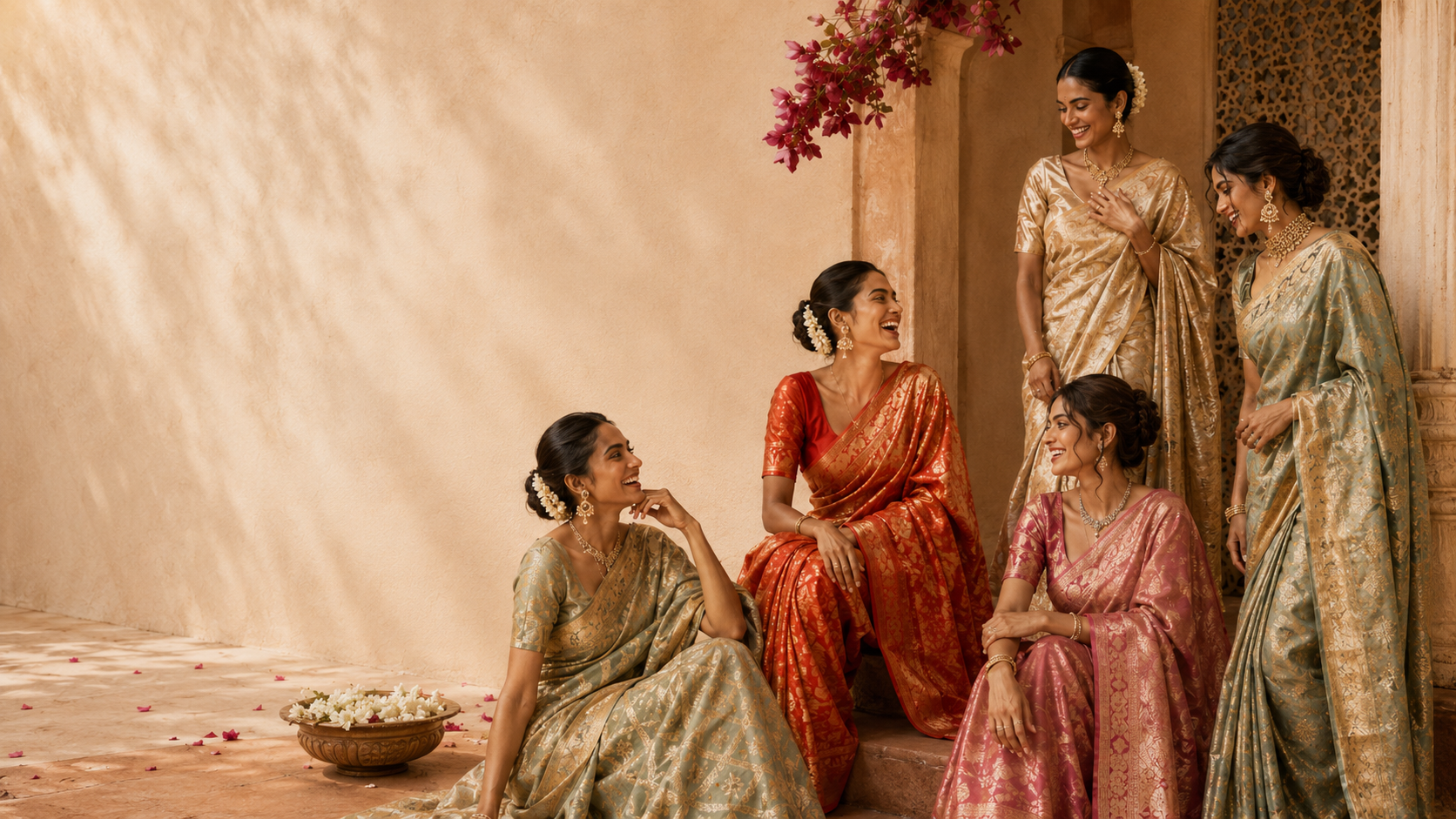 Women in silk sarees at the Kaushah atelier